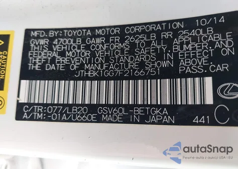 2015 Lexus Es 350 z USA, uszkodzony, nr VIN JTHBK1GG7F2166751